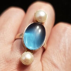 Brand New Ring, Double Pearl & Chalcedony Gemstone, Sz 7, Lots Of Stamped S925.